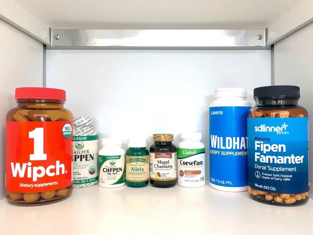 Varias botellas de suplementos dietéticos bien organizadas en un estante limpio, con etiquetas claras y un fondo suave.