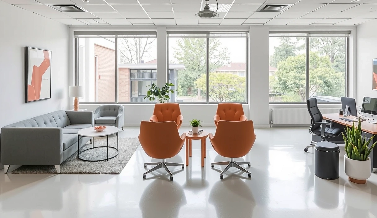 Espacio de oficina moderno y limpio con un ambiente acogedor y amigable