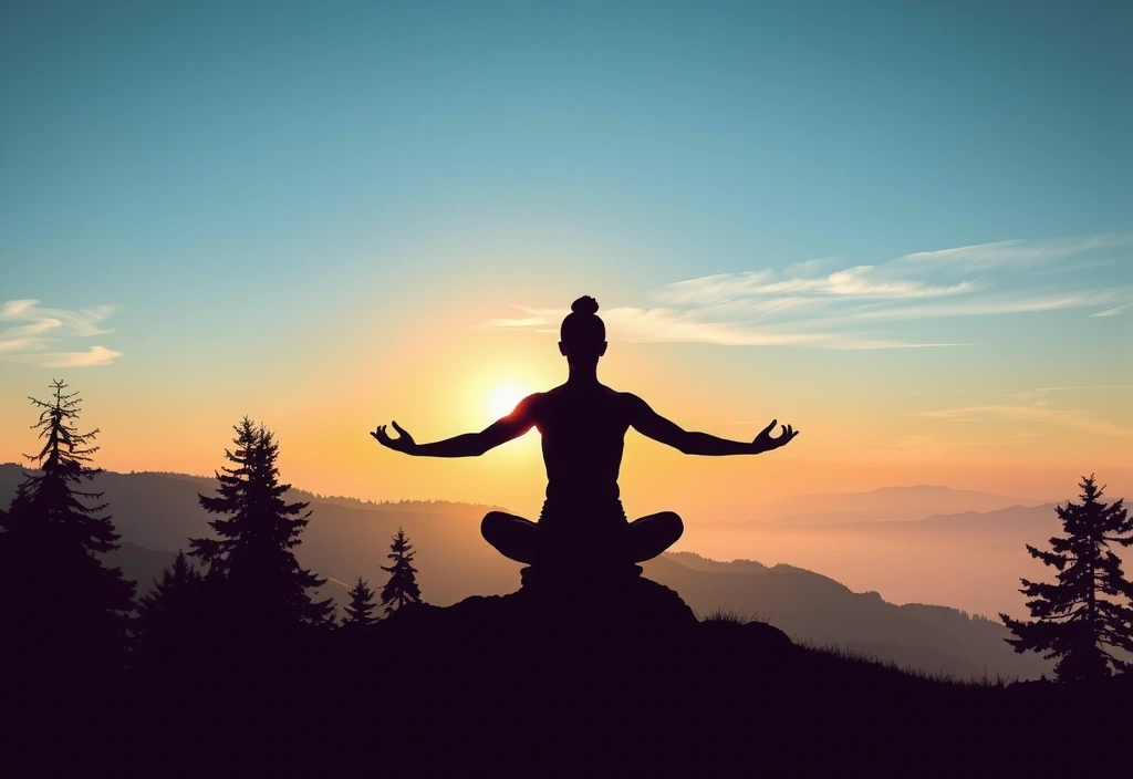 Ilustración de una persona meditando en un entorno natural, simbolizando paz y bienestar