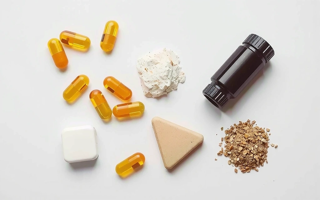 Minerales vitales como magnesio, zinc y hierro en cápsulas y polvos, con un diseño limpio y moderno