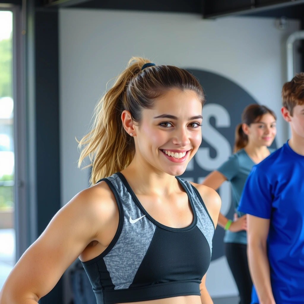 Retrato de Ana R., una joven activa y sonriente, con un fondo de gimnasio o actividad física