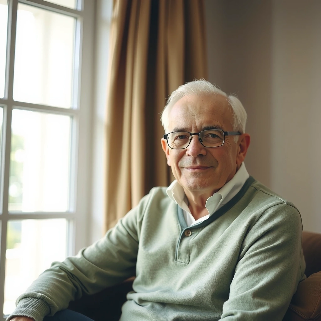 Retrato de Carlos M., un hombre mayor con una expresión de sabiduría y bienestar, en un ambiente tranquilo