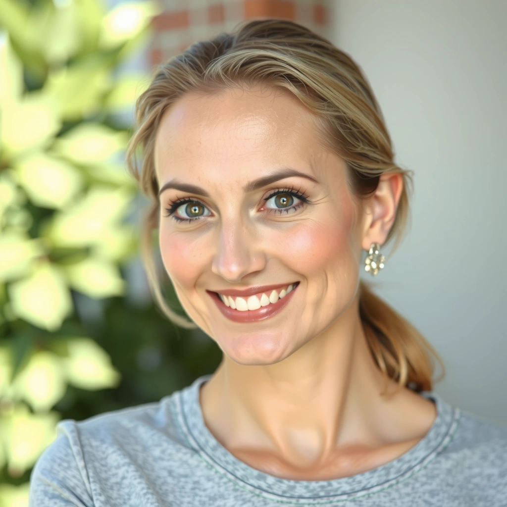 Retrato de María G., una mujer sonriente de unos 40 años, con un aspecto saludable y radiante