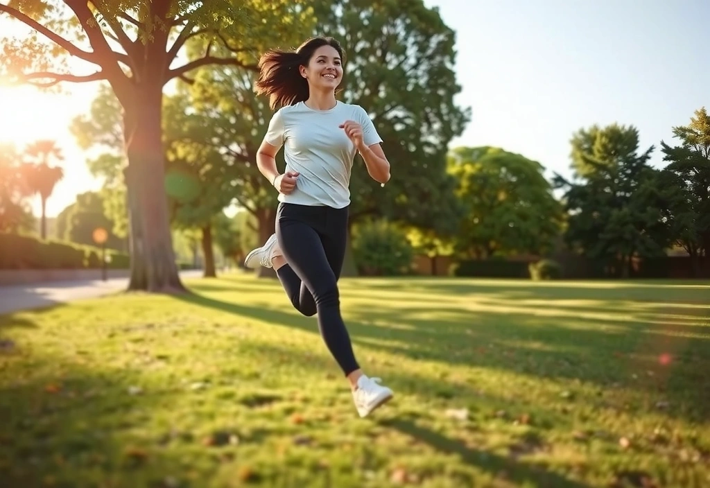 Una persona sonriente y enérgica, corriendo al aire libre en un entorno natural, representando vitalidad y salud