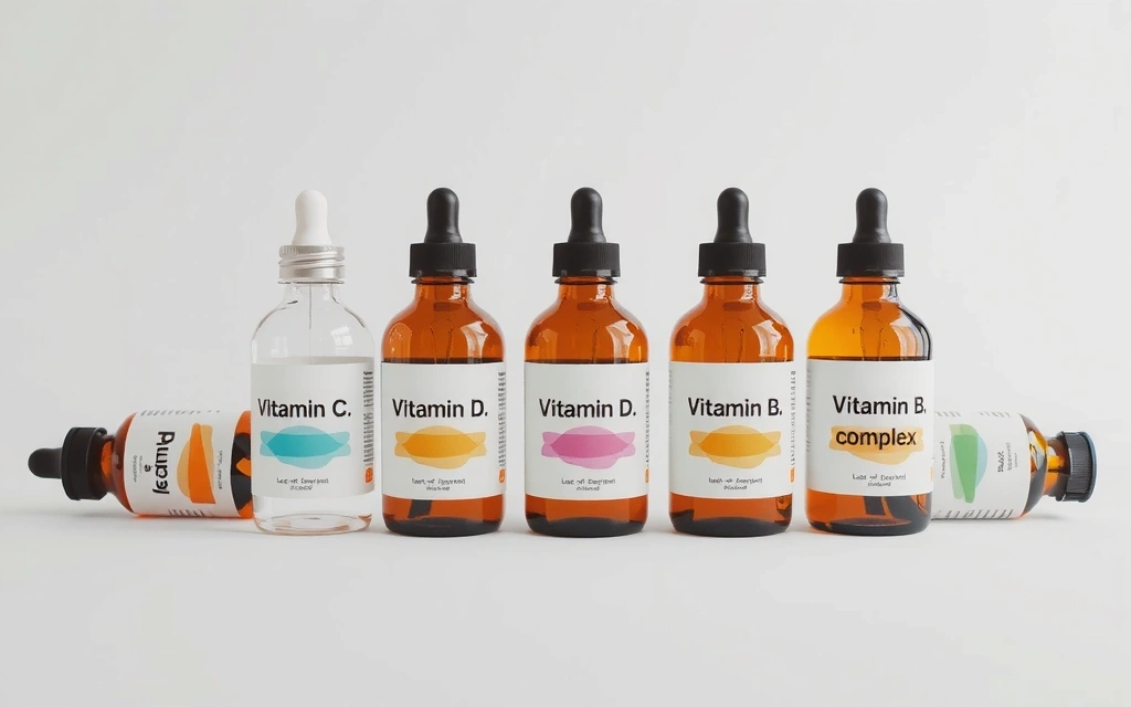 Variedad de frascos de vitaminas esenciales como Vitamina C, D y B, con una etiqueta clara y atractiva