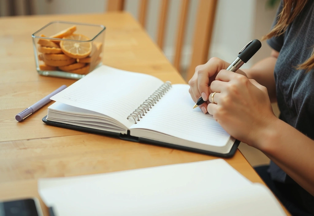 Persona escribiendo en un cuaderno de planificación de objetivos de salud.