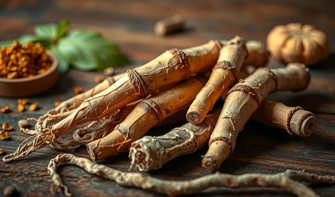 Raíces de ginseng y maca, simbolizando energía y vitalidad