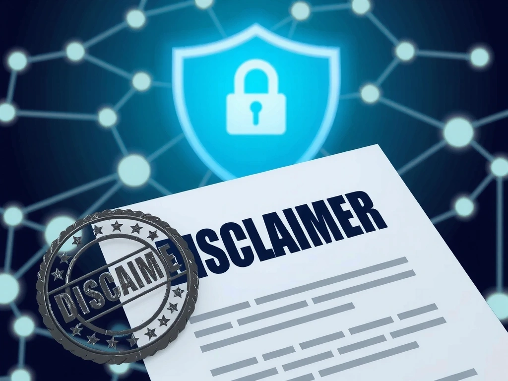 Ilustración de un documento con un sello de 'Disclaimer' o 'Advertencia', con un fondo abstracto de red de seguridad.